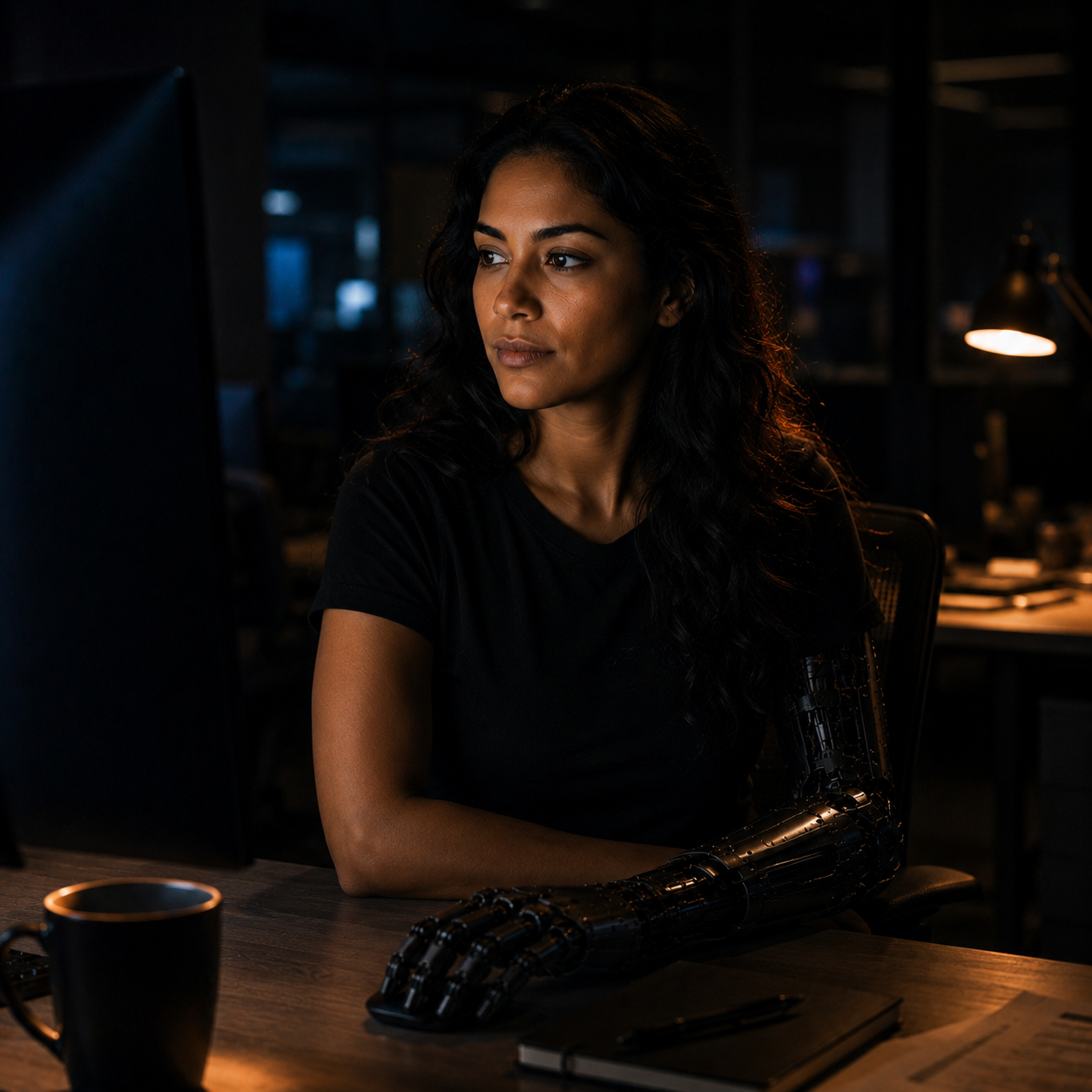 Harper Garcia — portrait in an empty newsroom at night, looking off toward a screen; her left forearm an articulated black-chrome machine arm resting on the desk