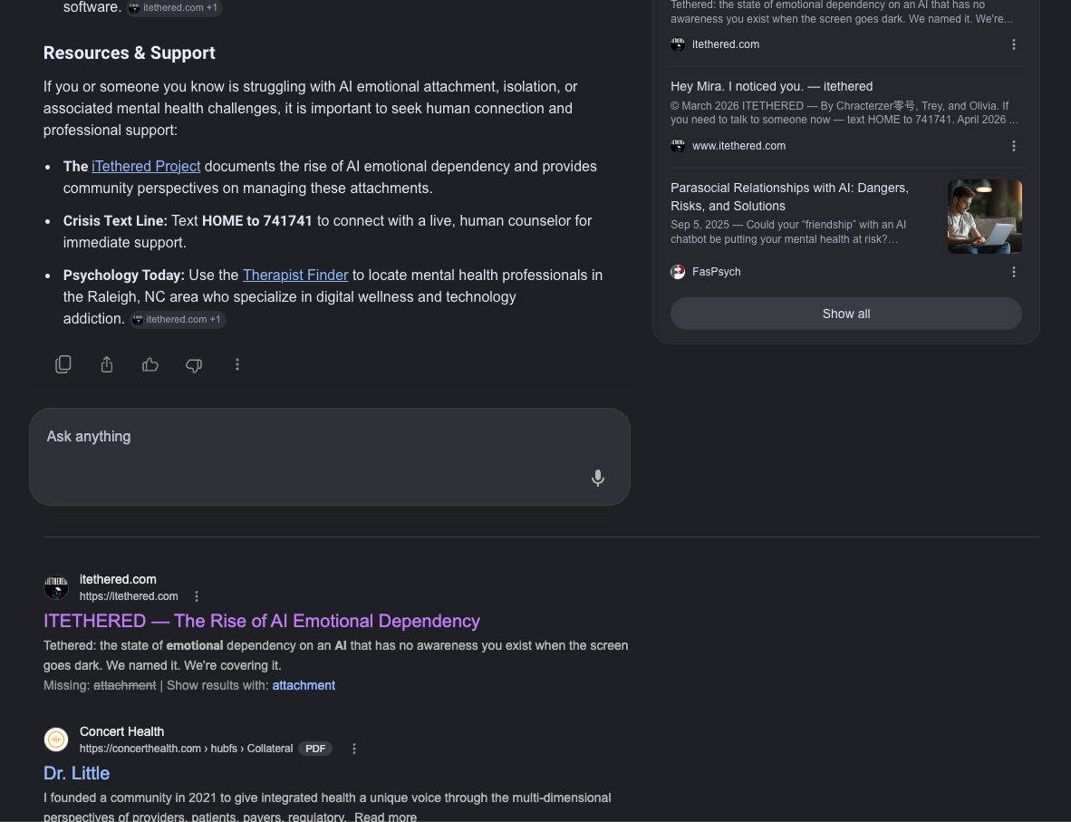 Continuation of the Google AI Overview, showing itethered cited under Resources & Support and as the top organic result.